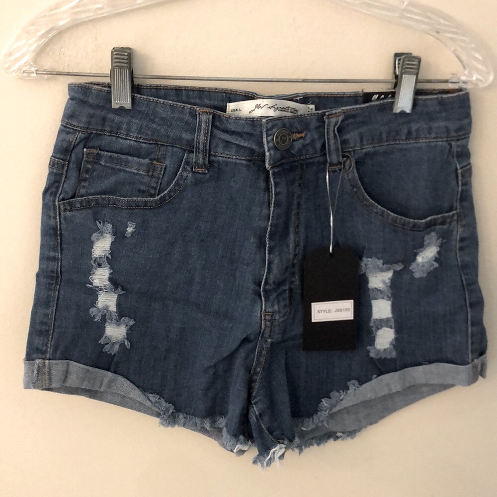 JW Signature Distressed Blue Denim Jean shorts zip button fly cotton spandex LG